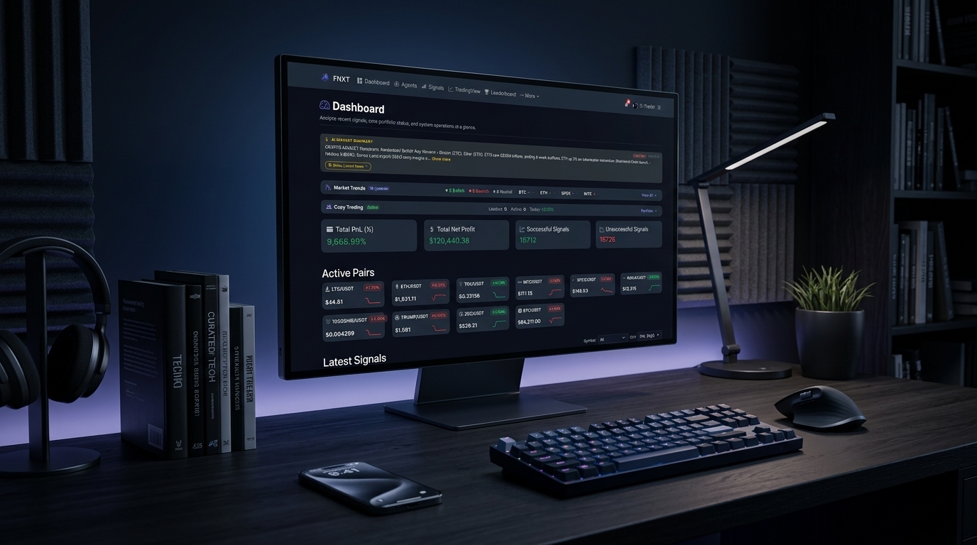 FNXT Dashboard — Market summary, active pairs, and AI-driven signals